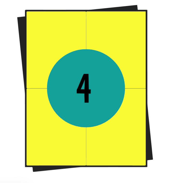 A4 stickervellen geel,  4 per vel, 105 x 148 mm, wit, permanent - 100 vellen