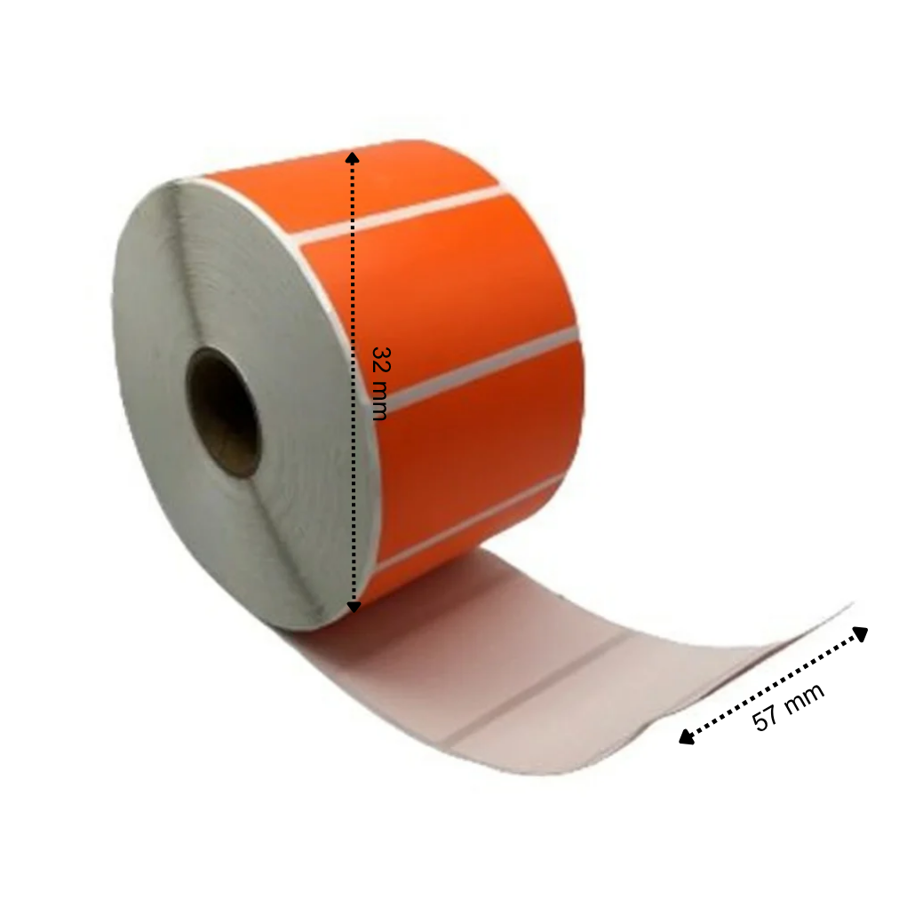 Thermische etiket, 57 mm x 32 mm Oranje, 1500 etiketten per rol, kern 25 mm, ECO, permanent